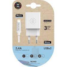Chargeur Mural Double + Câble USB-A vers Lightning 1m - Revêtement Nylon Tressé