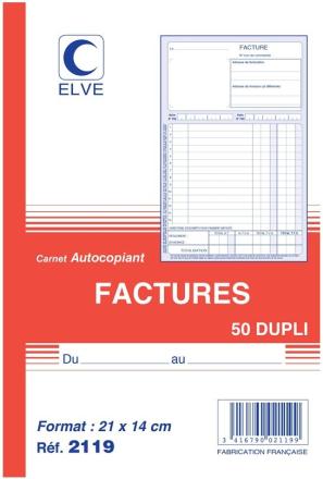 ELVE - Facturier - 50 feuilles - 140 x 210 mm - en double - numéroté
