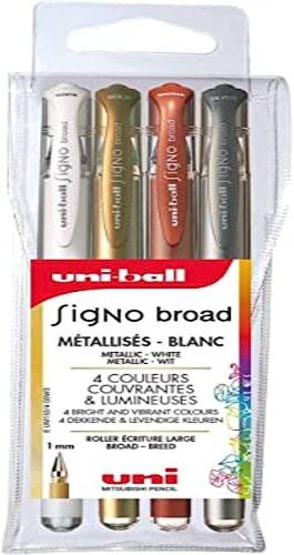 Pochette de 4 rollers écriture large uniball SIGNO BROAD Or - Argent - Blanc - B