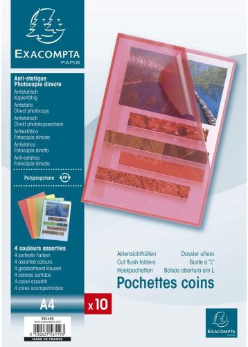 SACHET 10 POCHETTES COIN POLYPROPYLÈNE GRAINÉ 12/100E - A4 - COULEURS ASSORTIES
