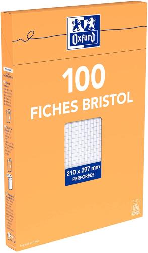 OXFORD Bloc de Fiches Bristol A4 Petits Carreaux 5mm 100 Fiches Blanches Perforé